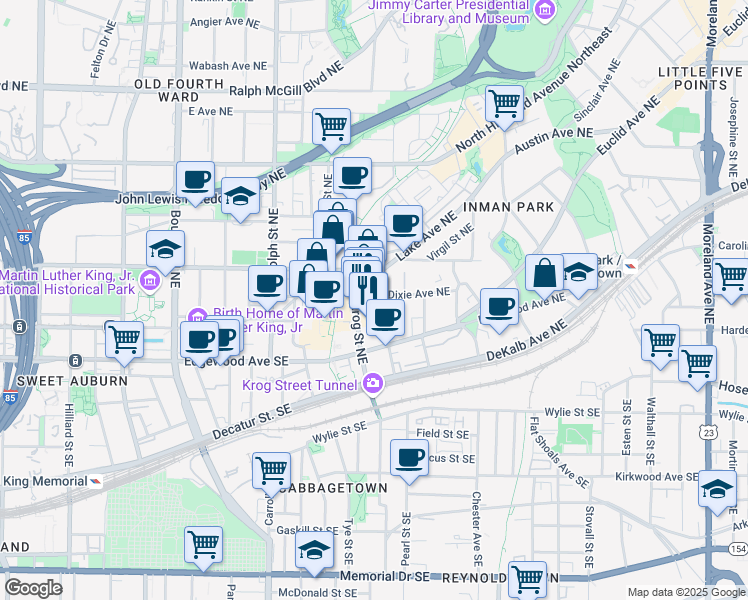 map of restaurants, bars, coffee shops, grocery stores, and more near in Atlanta