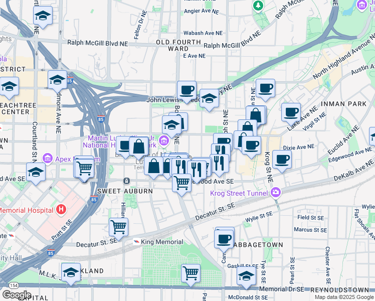 map of restaurants, bars, coffee shops, grocery stores, and more near 110 Hogue Street Northeast in Atlanta
