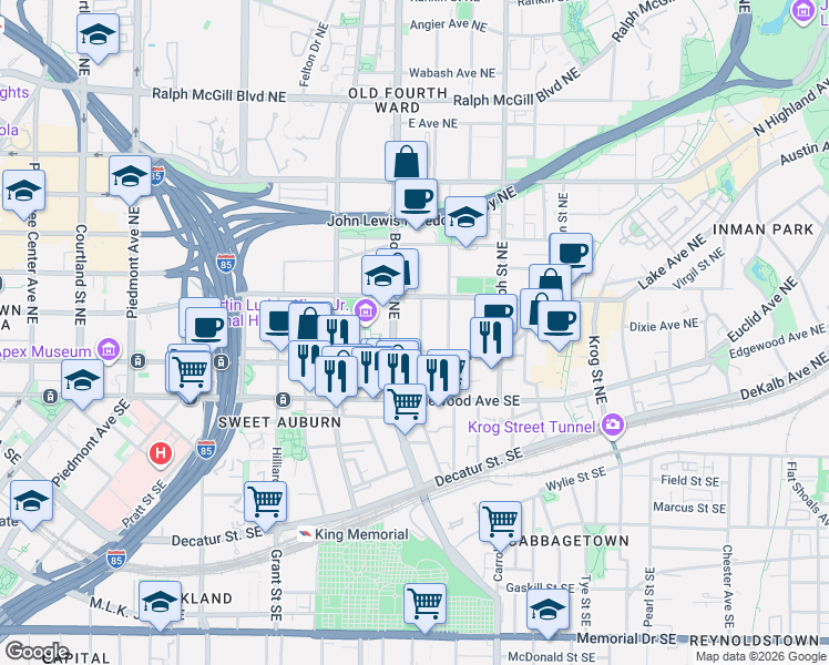 map of restaurants, bars, coffee shops, grocery stores, and more near 61 Boulevard Northeast in Atlanta