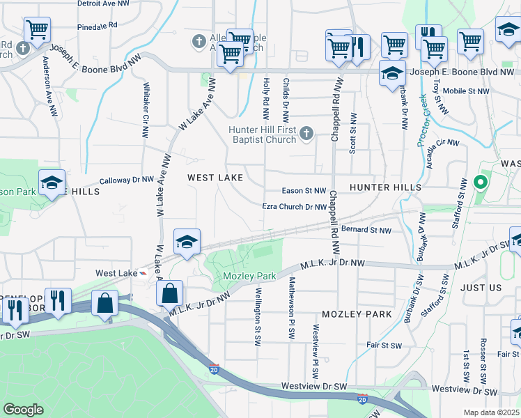 map of restaurants, bars, coffee shops, grocery stores, and more near 56 Holly Road Northwest in Atlanta