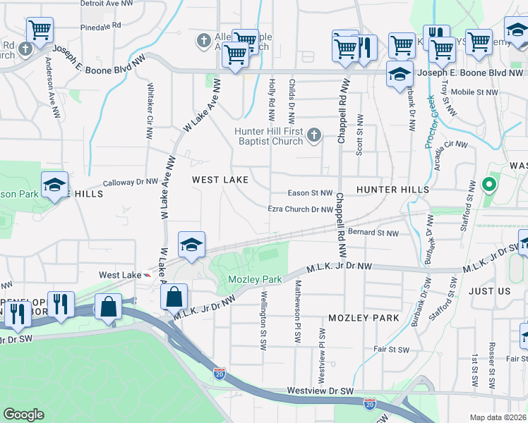 map of restaurants, bars, coffee shops, grocery stores, and more near 34 Holly Road Northwest in Atlanta