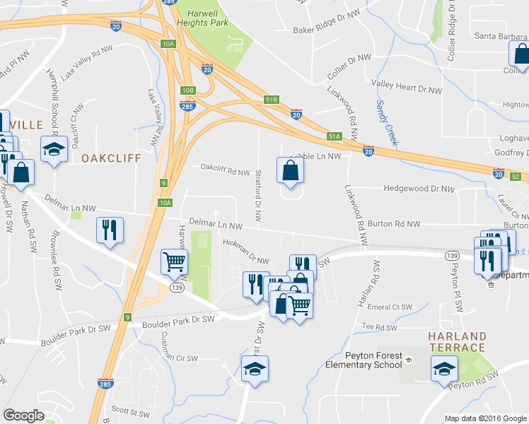 map of restaurants, bars, coffee shops, grocery stores, and more near 33 Stratford Drive Northwest in Atlanta