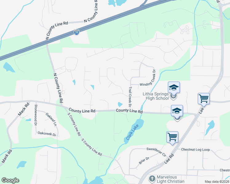 map of restaurants, bars, coffee shops, grocery stores, and more near 2760 Trail Creek Circle in Lithia Springs