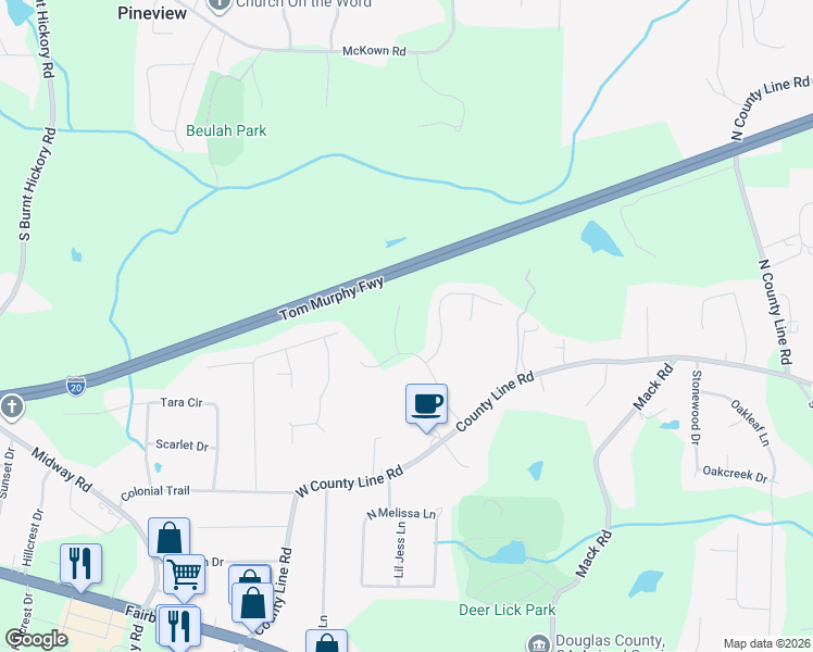 map of restaurants, bars, coffee shops, grocery stores, and more near 1716 Quinn Berry Court in Douglasville