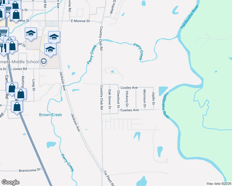 map of restaurants, bars, coffee shops, grocery stores, and more near 300-398 Oak Grove Drive in Grenada