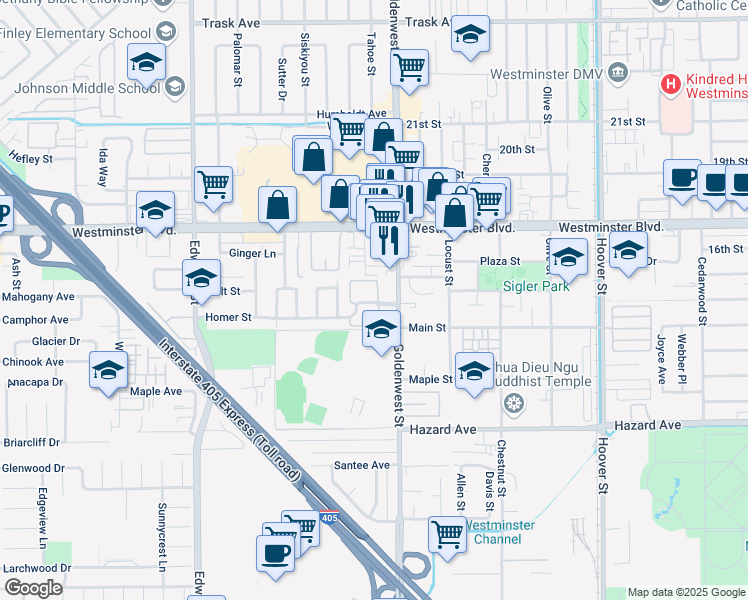 map of restaurants, bars, coffee shops, grocery stores, and more near 6921 Homer Street in Westminster