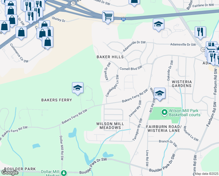 map of restaurants, bars, coffee shops, grocery stores, and more near 74 Candlelight Lane Southwest in Atlanta