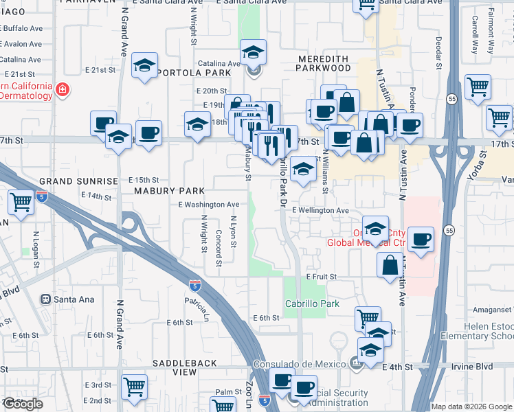 map of restaurants, bars, coffee shops, grocery stores, and more near 1350 Cabrillo Park Drive in Santa Ana
