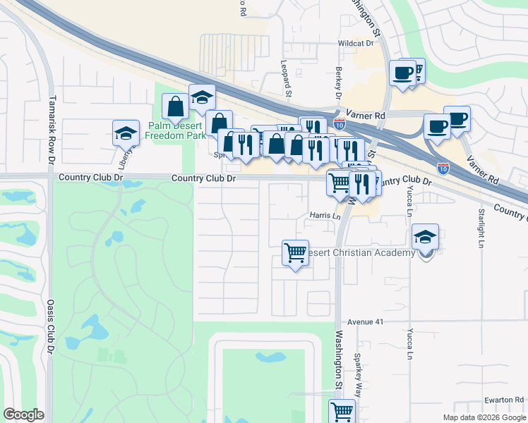 map of restaurants, bars, coffee shops, grocery stores, and more near 40262 Eastwood Lane in Palm Desert