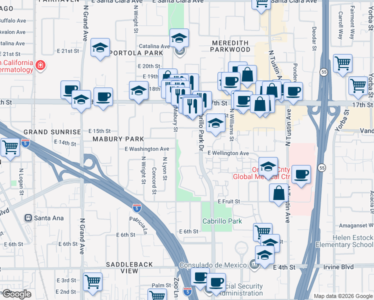 map of restaurants, bars, coffee shops, grocery stores, and more near 1340 Cabrillo Park Drive in Santa Ana