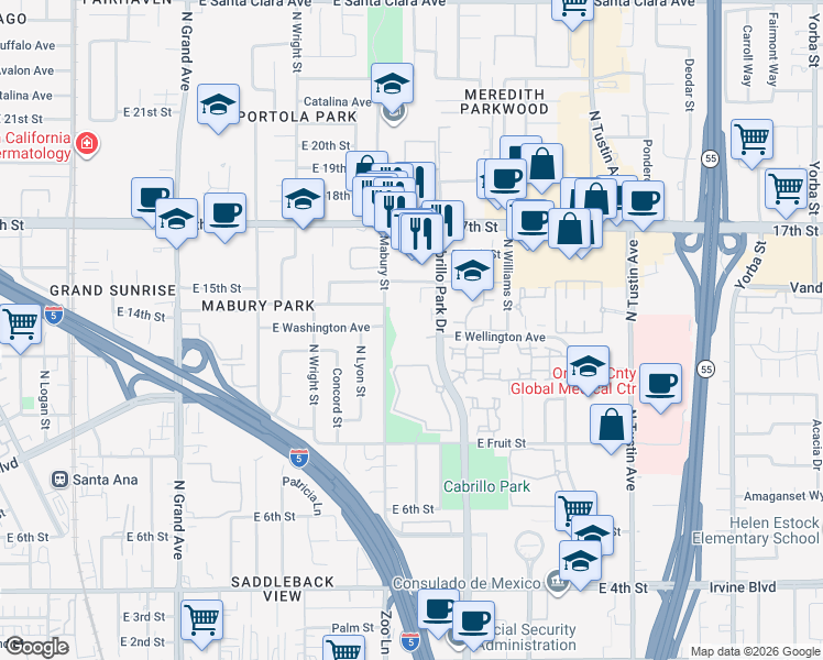 map of restaurants, bars, coffee shops, grocery stores, and more near 1340 Cabrillo Park Drive in Santa Ana