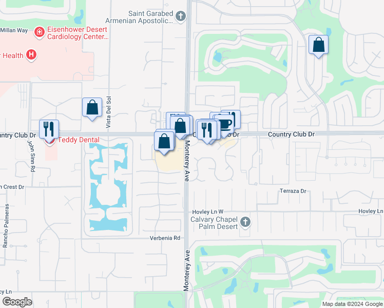 map of restaurants, bars, coffee shops, grocery stores, and more near 40351 Sugar Bush Court in Palm Desert