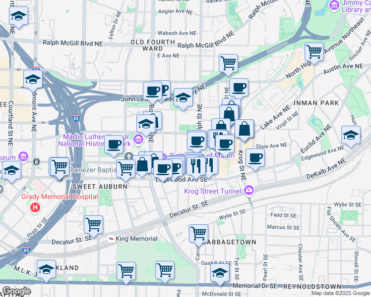 map of restaurants, bars, coffee shops, grocery stores, and more near 82 Bradley Street Northeast in Atlanta