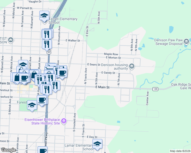 map of restaurants, bars, coffee shops, grocery stores, and more near 424 East Woodard Street in Denison