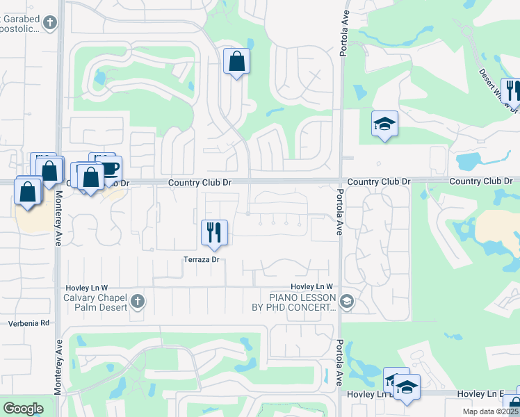 map of restaurants, bars, coffee shops, grocery stores, and more near 1602 Via San Martino in Palm Desert