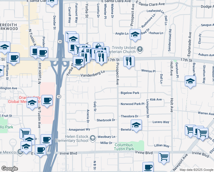 map of restaurants, bars, coffee shops, grocery stores, and more near 17632 Wellington Avenue in Tustin