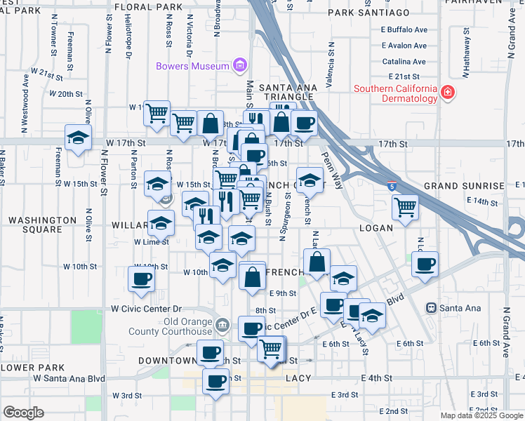 map of restaurants, bars, coffee shops, grocery stores, and more near 1330 North Bush Street in Santa Ana