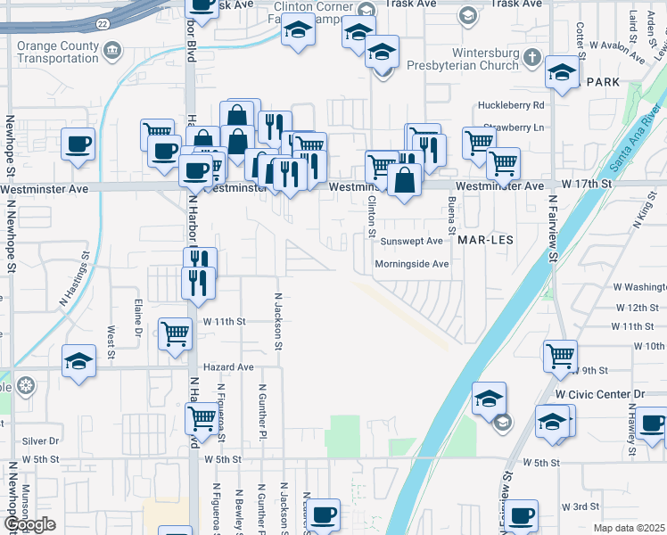 map of restaurants, bars, coffee shops, grocery stores, and more near 501 North Willow Drive in Santa Ana