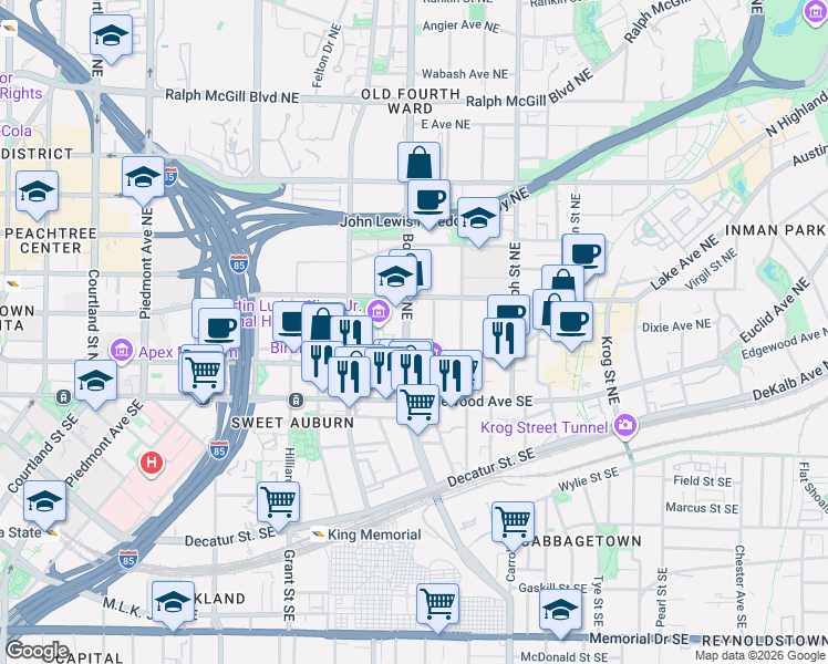 map of restaurants, bars, coffee shops, grocery stores, and more near 59 Boulevard Northeast in Atlanta