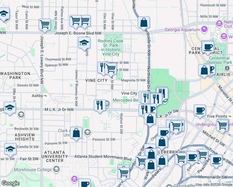 map of restaurants, bars, coffee shops, grocery stores, and more near 587 University Place Northwest in Atlanta