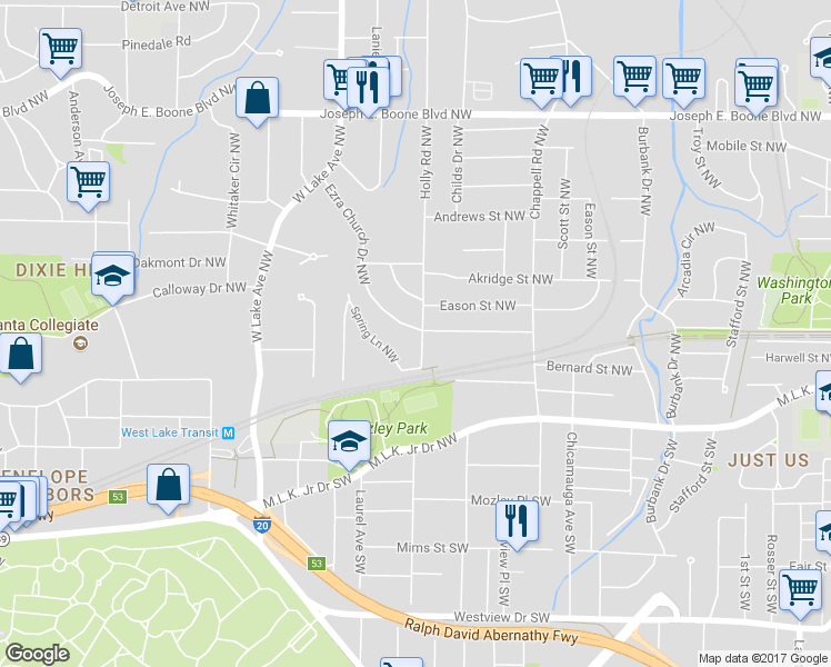 map of restaurants, bars, coffee shops, grocery stores, and more near 56 Holly Road Northwest in Atlanta