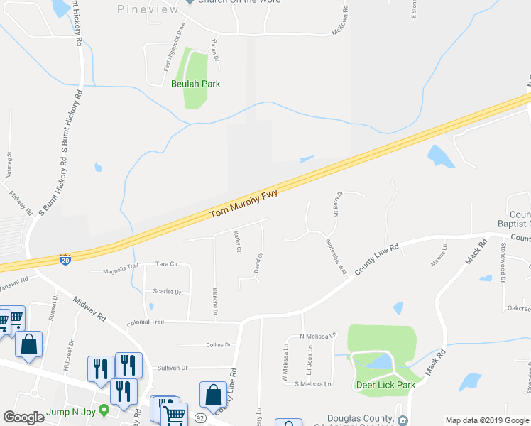 map of restaurants, bars, coffee shops, grocery stores, and more near 1784 Blanche Drive in Douglasville