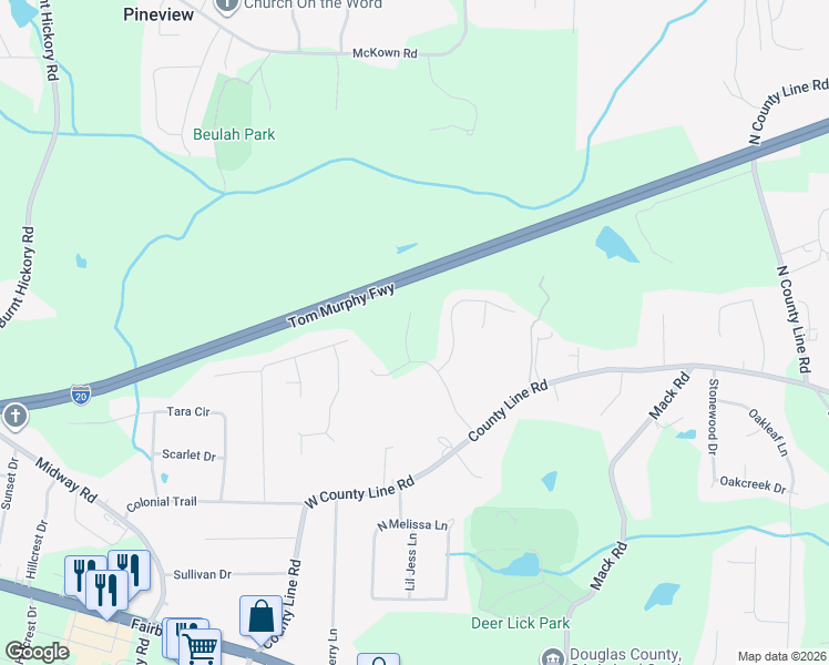 map of restaurants, bars, coffee shops, grocery stores, and more near 1716 Quinn Berry Court in Douglasville