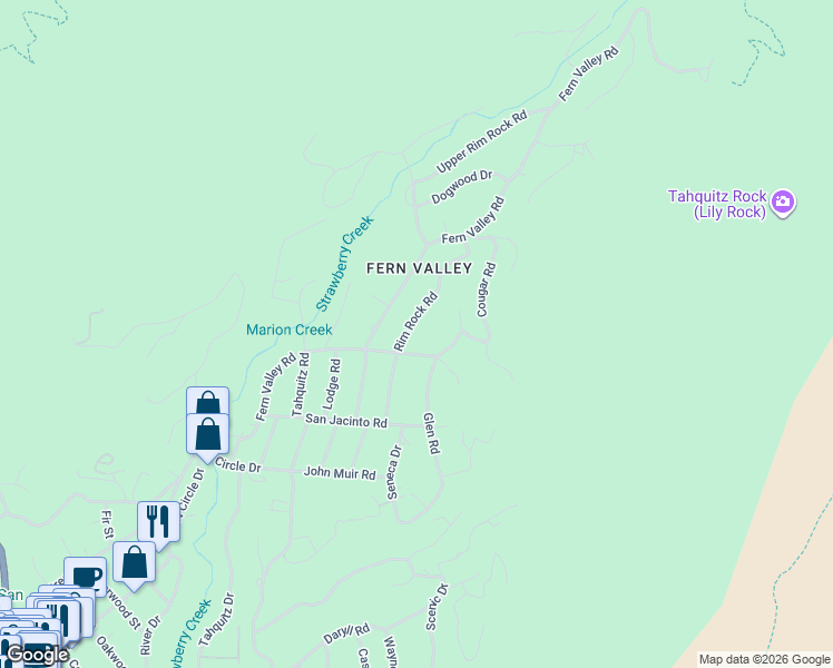 map of restaurants, bars, coffee shops, grocery stores, and more near 25180 Rim Rock Road in Idyllwild-Pine Cove