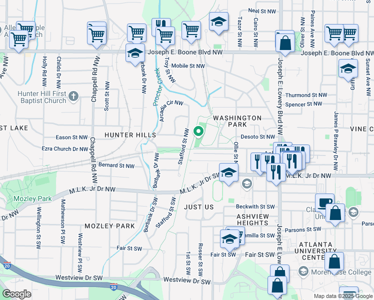 map of restaurants, bars, coffee shops, grocery stores, and more near 59 Stafford Street Northwest in Atlanta