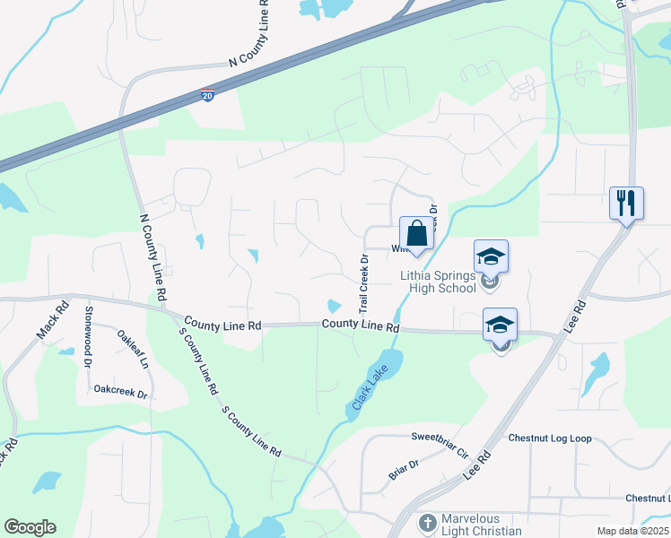 map of restaurants, bars, coffee shops, grocery stores, and more near 2740 Trail Creek Circle in Lithia Springs