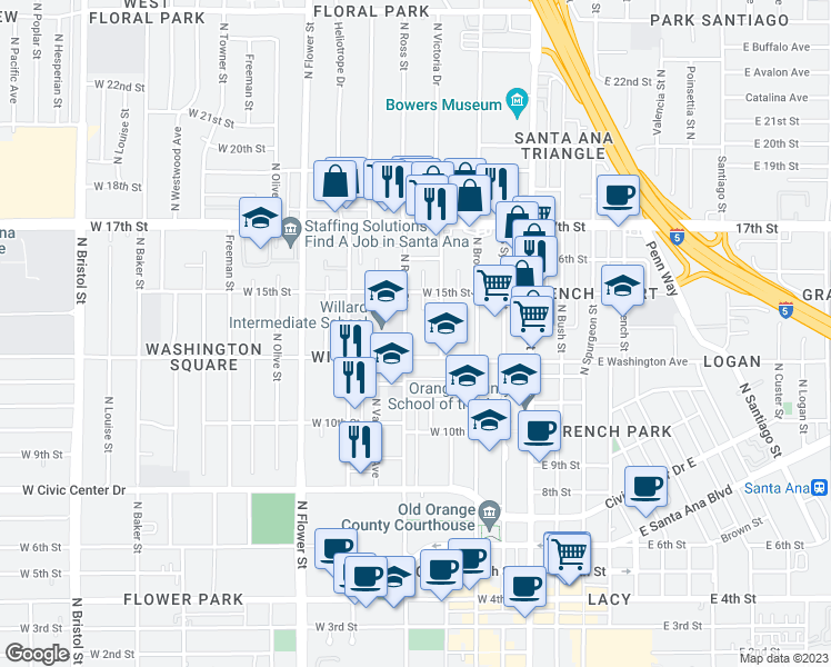 map of restaurants, bars, coffee shops, grocery stores, and more near 1327 North Ross Street in Santa Ana