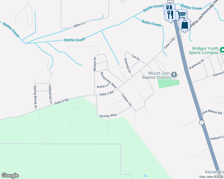 map of restaurants, bars, coffee shops, grocery stores, and more near 20 Timber Circle in Alexandria