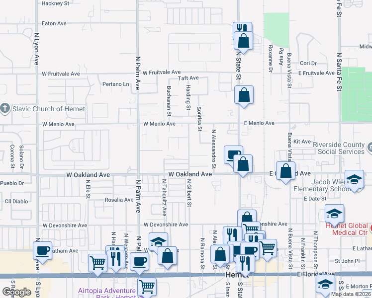 map of restaurants, bars, coffee shops, grocery stores, and more near 601 North Gilbert Street in Hemet
