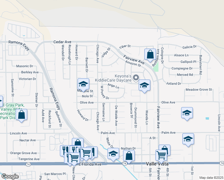 map of restaurants, bars, coffee shops, grocery stores, and more near 43628 Cyril Lane in Hemet
