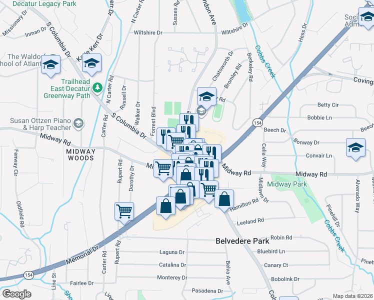 map of restaurants, bars, coffee shops, grocery stores, and more near 3576-7 Memorial Drive in Decatur