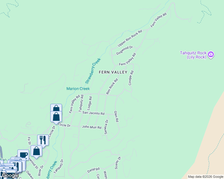 map of restaurants, bars, coffee shops, grocery stores, and more near 25140 Rim Rock Road in Idyllwild-Pine Cove