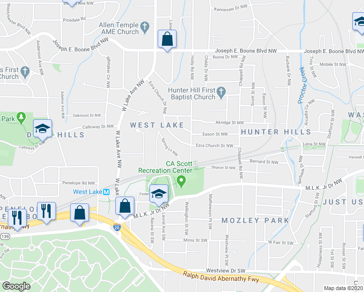 map of restaurants, bars, coffee shops, grocery stores, and more near 1562 Ezra Church Drive Northwest in Atlanta