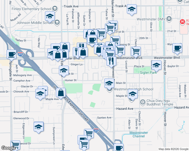 map of restaurants, bars, coffee shops, grocery stores, and more near 14201 Dumont Lane in Westminster