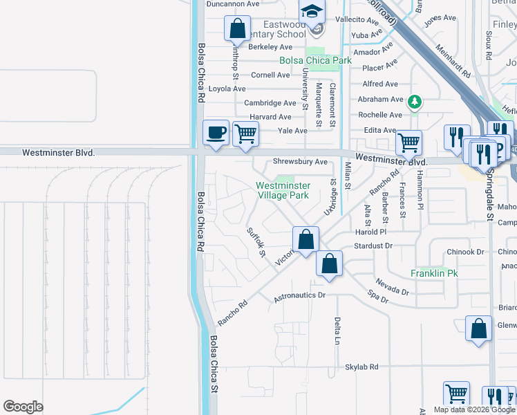 map of restaurants, bars, coffee shops, grocery stores, and more near 14262 Suffolk Street in Westminster