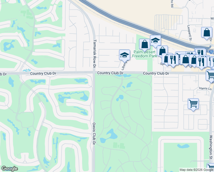 map of restaurants, bars, coffee shops, grocery stores, and more near 40165 Baltusrol Circle in Palm Desert