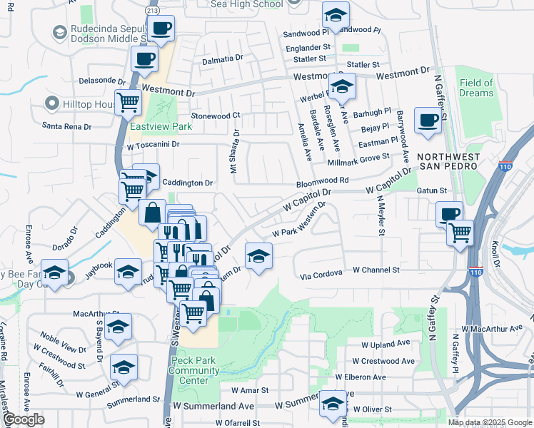 map of restaurants, bars, coffee shops, grocery stores, and more near 1150 West Capitol Drive in Los Angeles