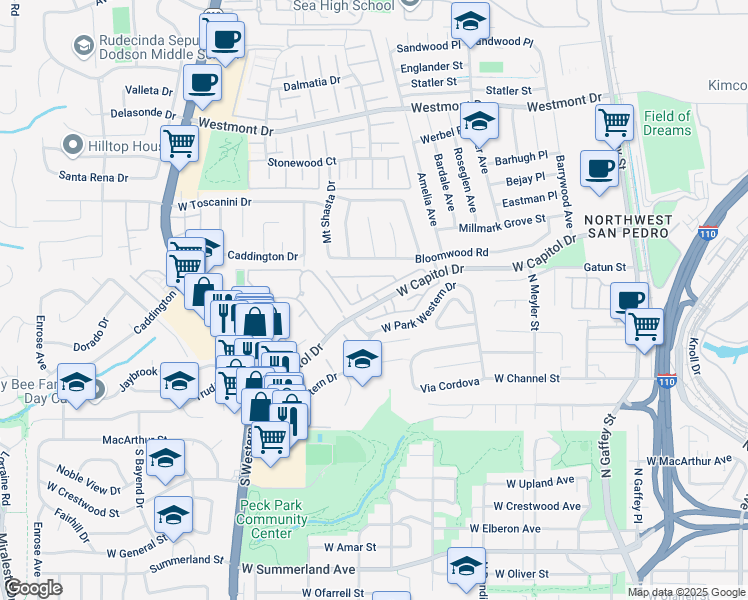 map of restaurants, bars, coffee shops, grocery stores, and more near 1150 West Capitol Drive in Los Angeles