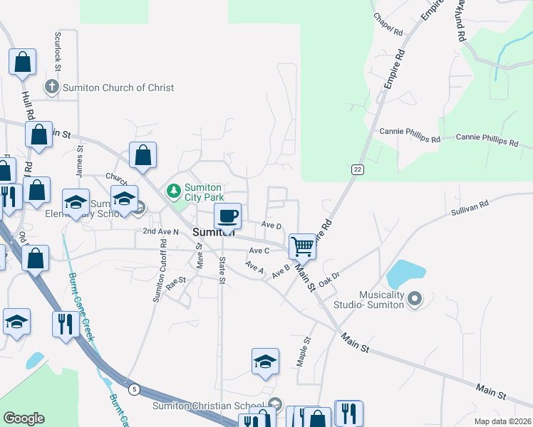 map of restaurants, bars, coffee shops, grocery stores, and more near Highland Avenue in Sumiton