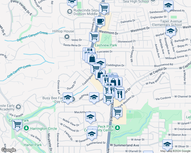 map of restaurants, bars, coffee shops, grocery stores, and more near 28901 South Western Avenue in Rancho Palos Verdes