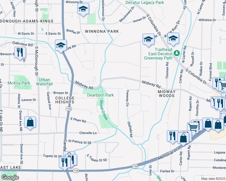 map of restaurants, bars, coffee shops, grocery stores, and more near 2553 Creekwood Terrace in Decatur