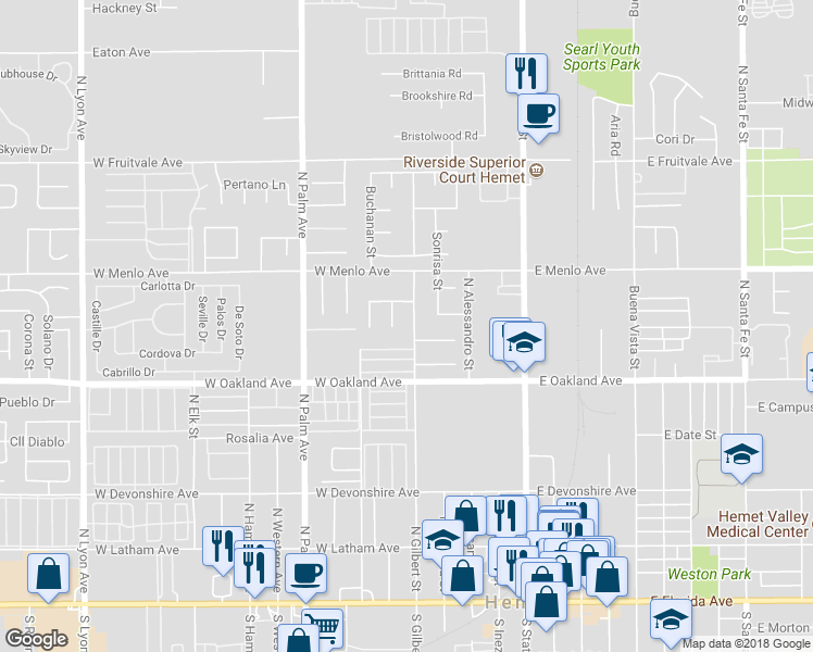 map of restaurants, bars, coffee shops, grocery stores, and more near 601 North Gilbert Street in Hemet