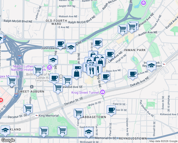 map of restaurants, bars, coffee shops, grocery stores, and more near 659 Auburn Avenue Northeast in Atlanta