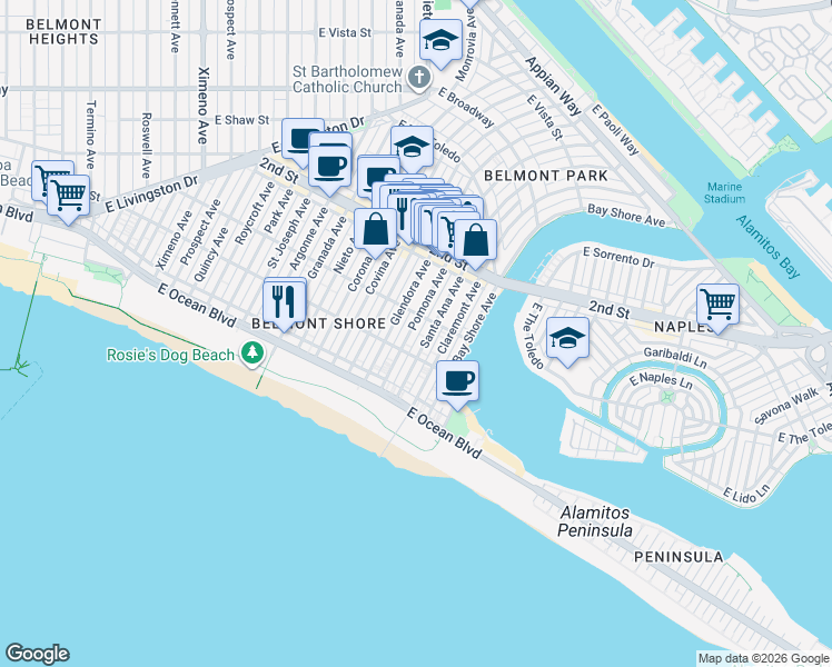 map of restaurants, bars, coffee shops, grocery stores, and more near 70 Pomona Avenue in Long Beach