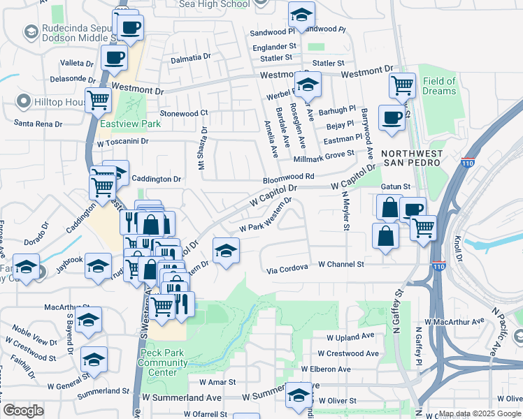 map of restaurants, bars, coffee shops, grocery stores, and more near 1129 West Capitol Drive in Los Angeles