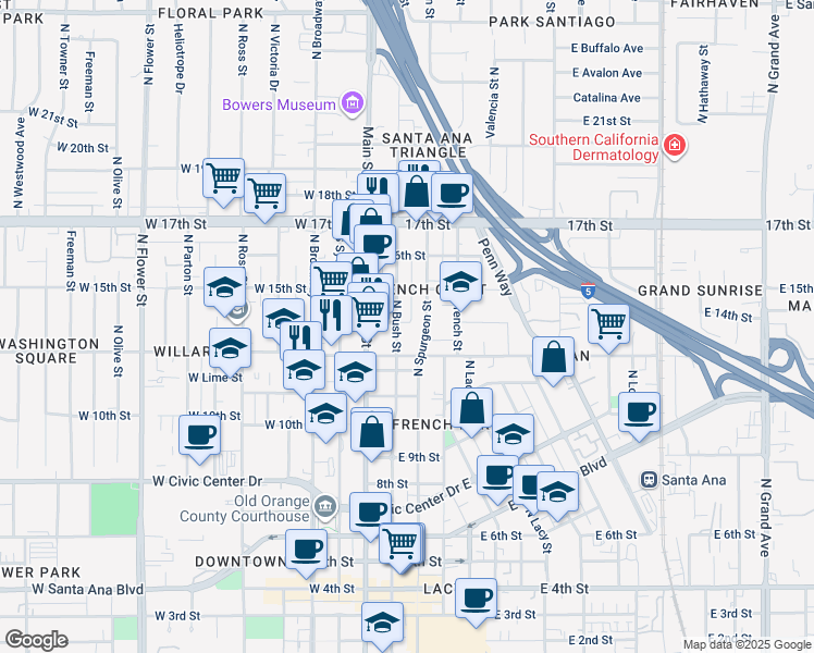 map of restaurants, bars, coffee shops, grocery stores, and more near 1310 North Spurgeon Street in Santa Ana